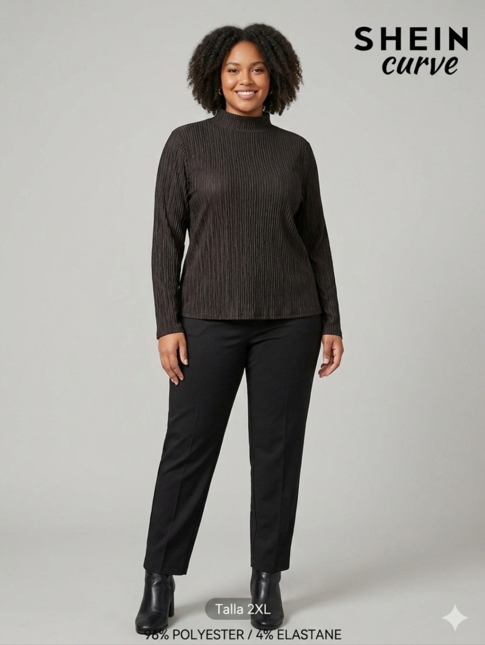 SHEIN Black Crinkle Mock Neck Long Sleeve Top